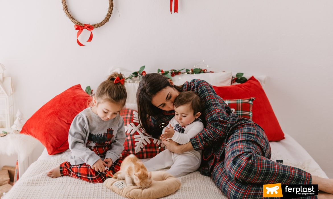 Famiglia con gattino la mattina di Natale in casa Ferplast