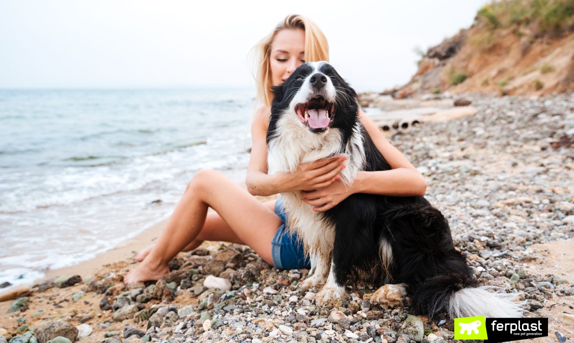Mulher feliz abraçando o cachorro na praia