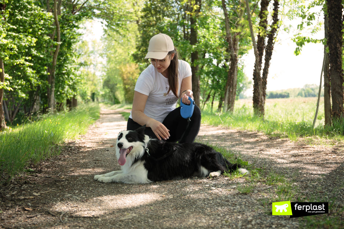 Dog and pet parent during a walk with Flippy One by Ferplast